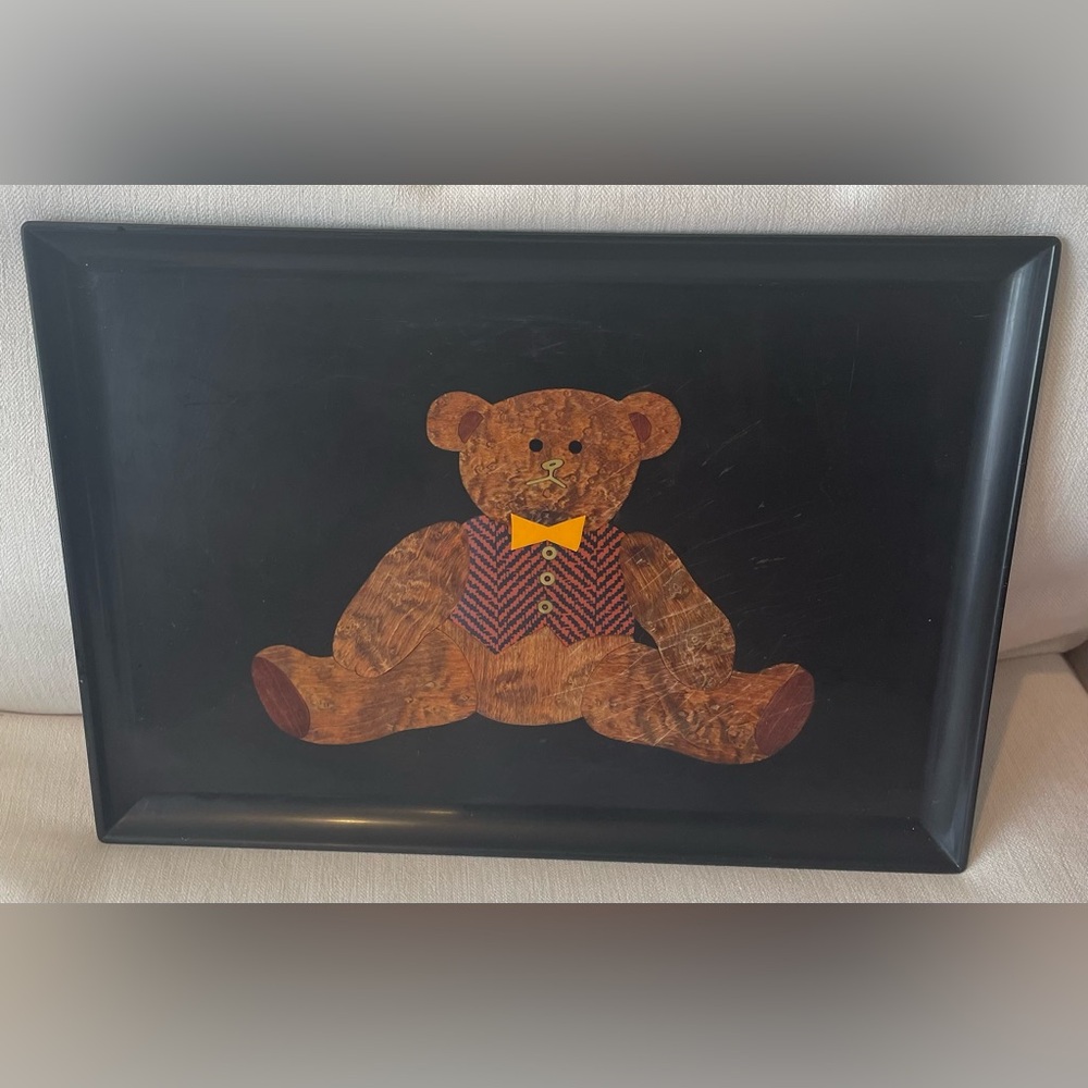 Black Serving Tray with Brown Teddy Bear Inlay